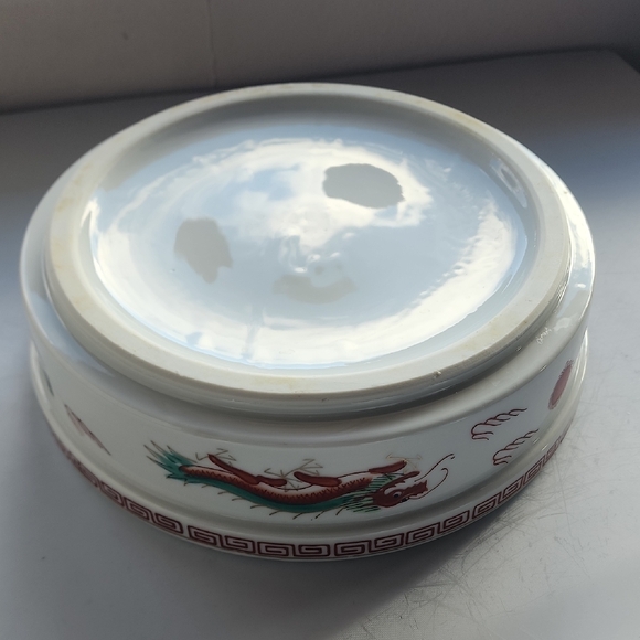 White Ceramic Serving Bowl/ Multi-purpose Bowl with Dragon Design and Signed. - Picture 3 of 10